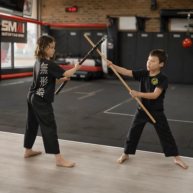 Two Little Dragons students sparring with wooden staffs