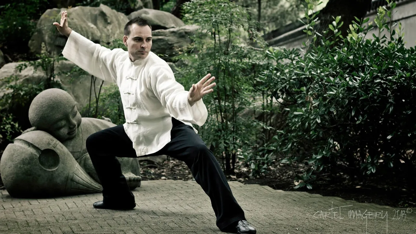 Head Instructor Grant Mundy in a low Taijiquan stance in a traditional garden