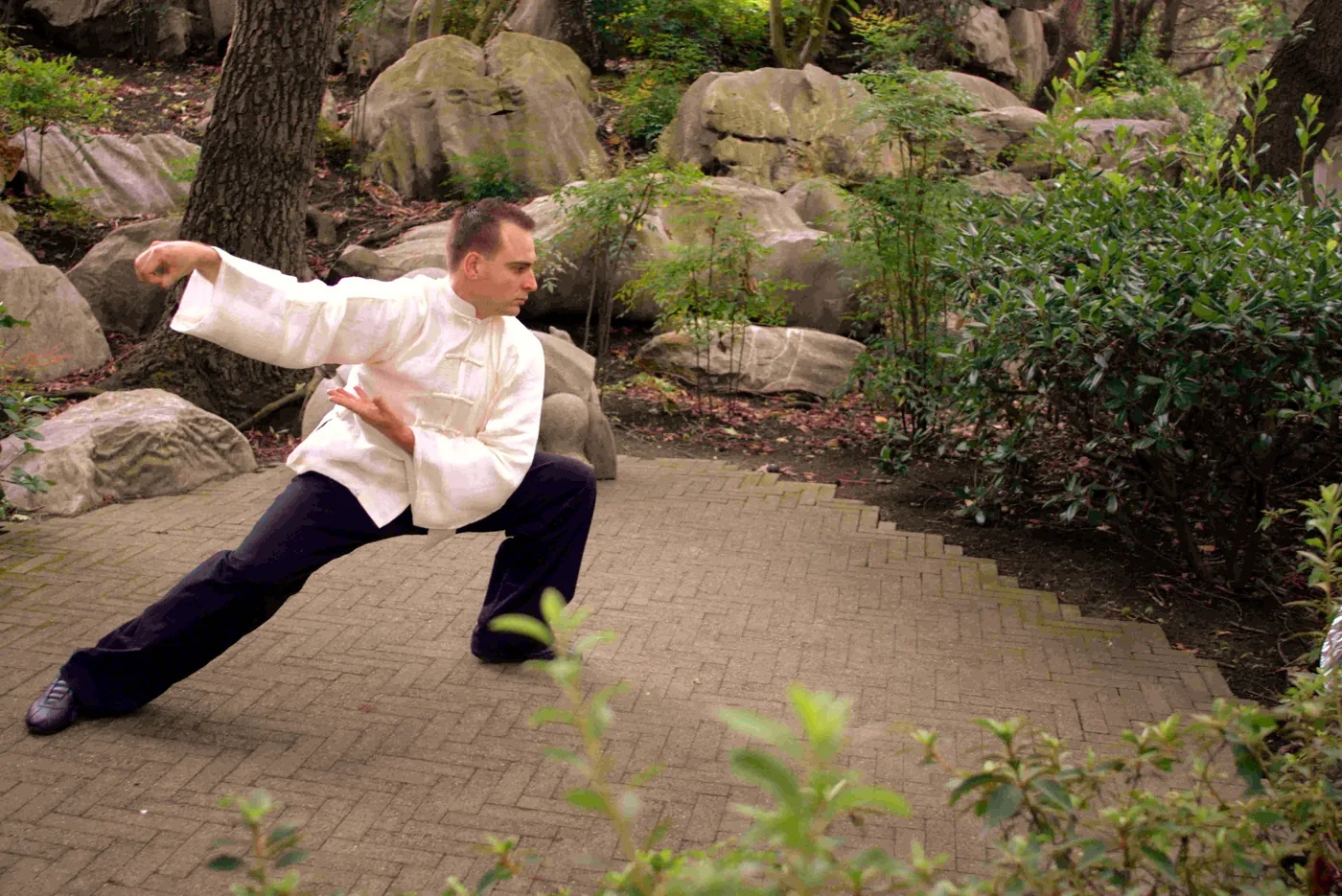 Man in a white martial arts outfit holds a low tai chi stance on a brick path in a rocky, leafy garden.