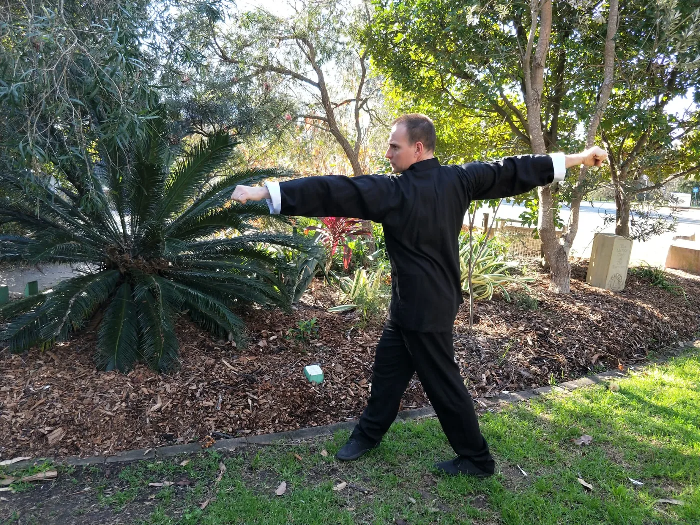 Man in a black martial arts outfit holds a wide Meihuaquan stance with arms outstretched in a sunlit garden.