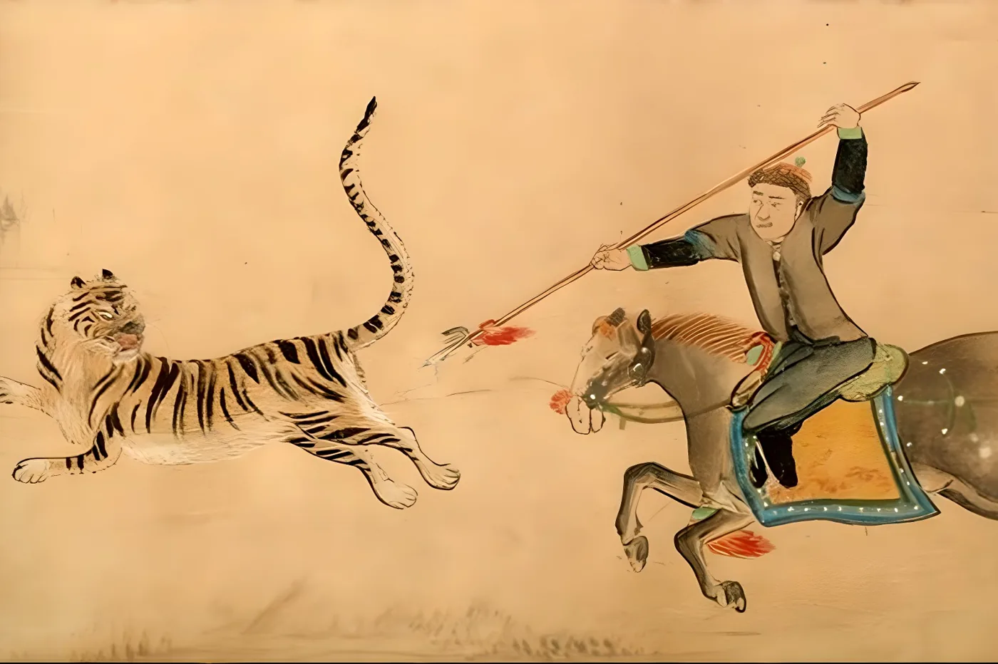 Hunting techniques of the Shang Dynasty. Spear rider on horseback hunting a majestic tiger.