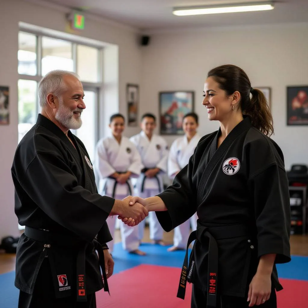 Smiling martial arts instructors in black gis shake hands in a dojo, with students in white uniforms standing behind.