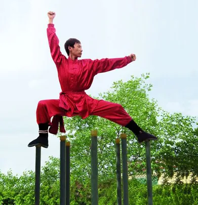 Man in red martial arts outfit poses on poles outdoors, arms raised and extended against a cloudy sky and green trees.
