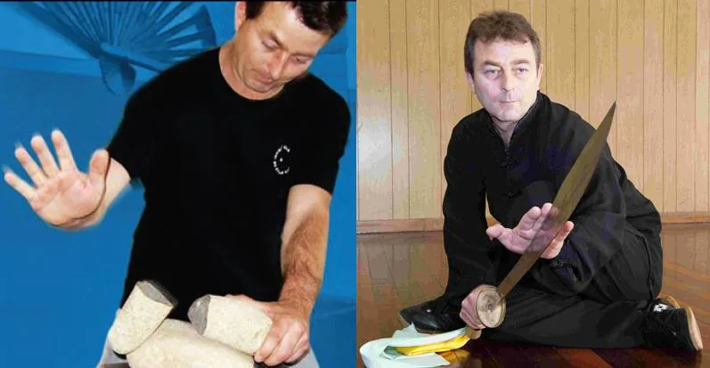 Split image of martial artists: one breaks stacked tiles with a hand, the other kneels in a dojo holding a sword.