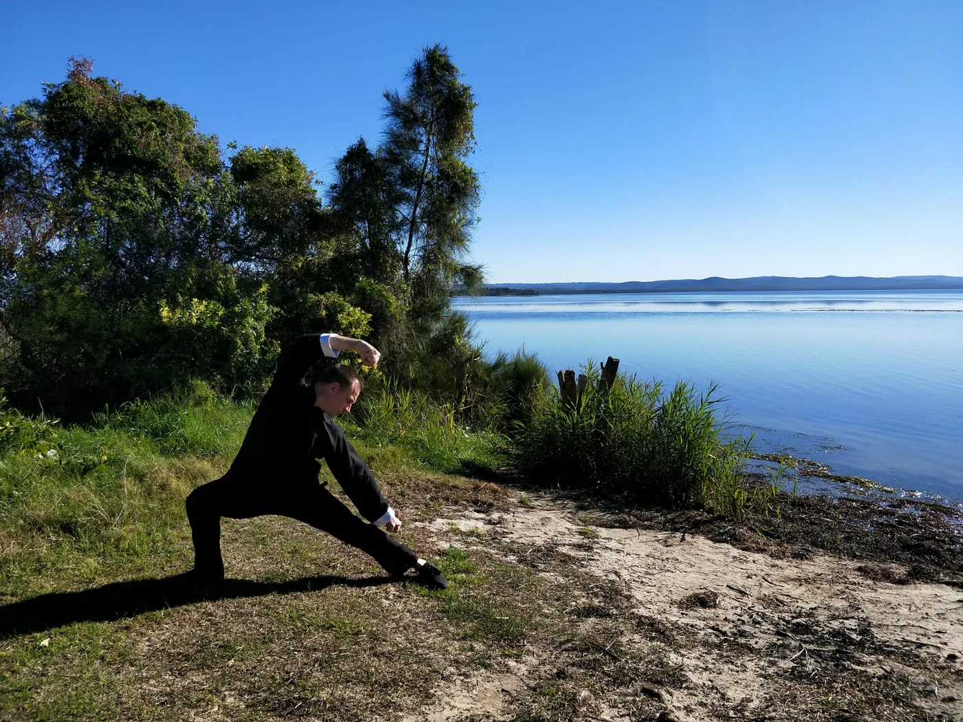 Man in a black suit in a martial arts stance on a lakeshore with trees, calm blue water, and a clear sky.