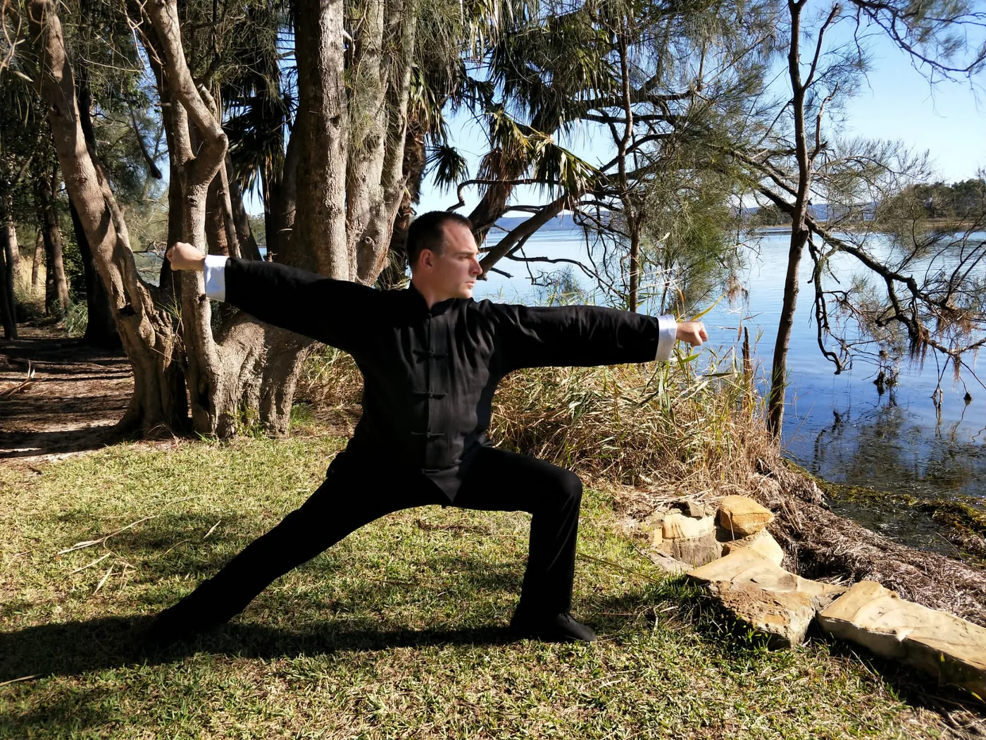 Man in black martial arts pose on grass by a lakeside, arms outstretched among trees under a clear blue sky.