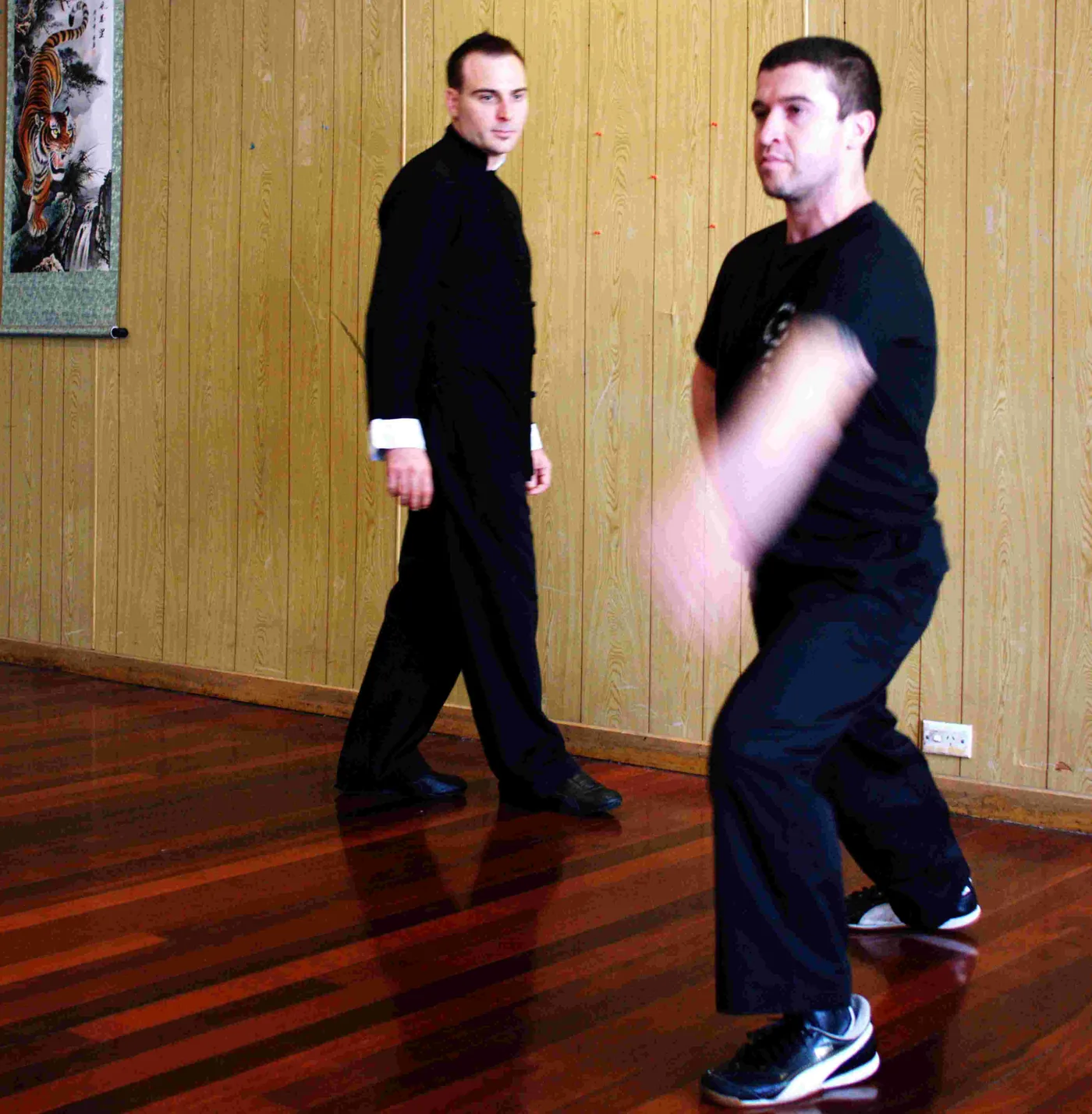 Two men practice Wu Xing Dao martial arts in a wood-paneled room, one blurred mid-strike, with a tiger scroll on the wall.