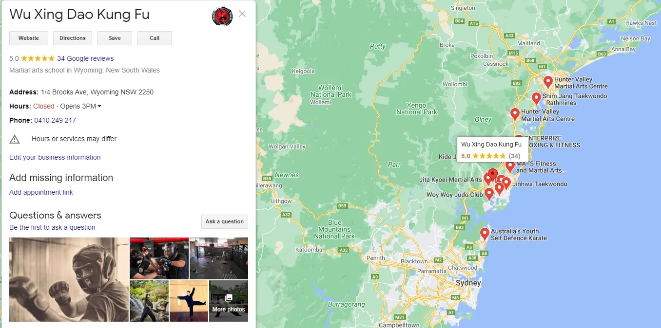 Google Maps listing for Wu Xing Dao Kung Fu martial arts school in Wyoming, NSW, with 5-star reviews and red map pins near Sydney.