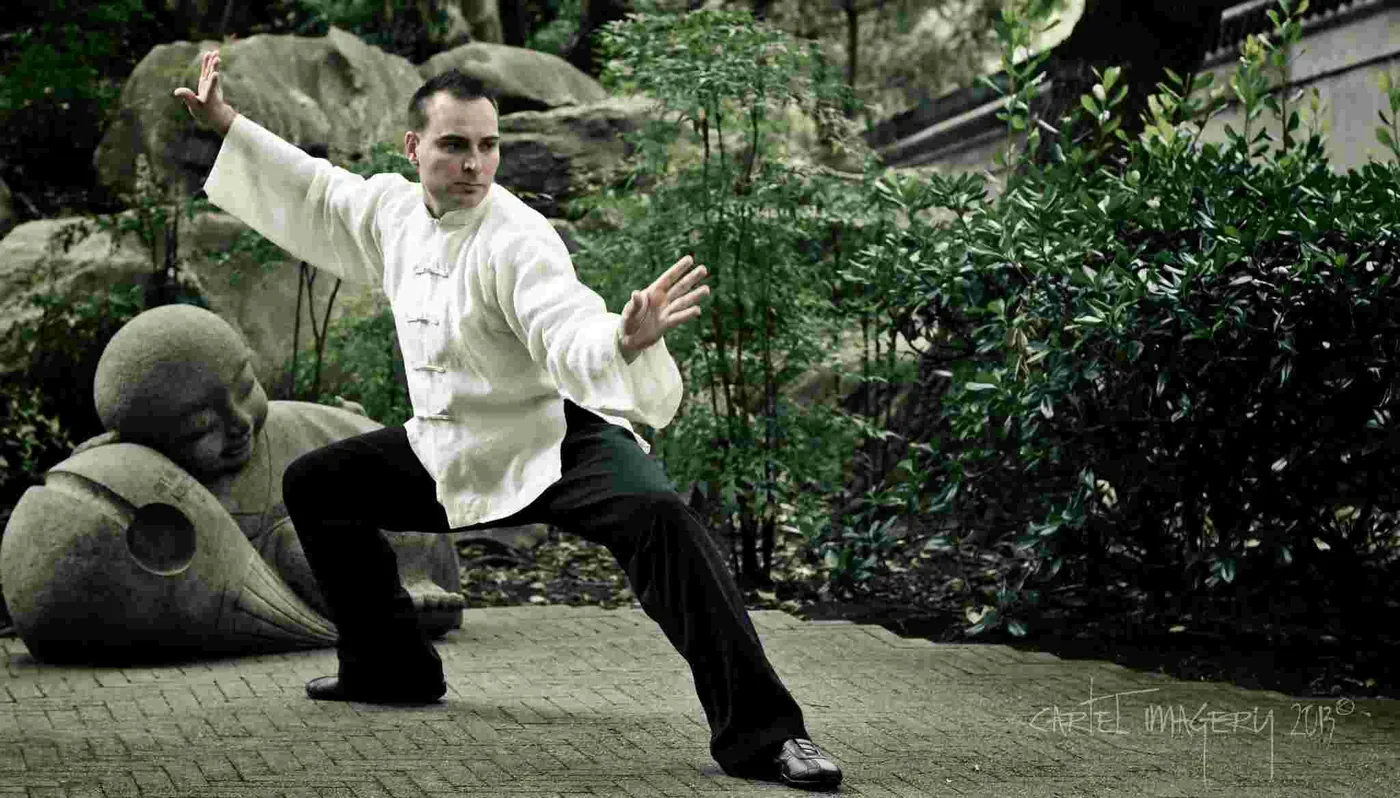 Man in white martial arts pose in a garden beside stone statues, with a faint Cariel Imagery 2013 signature.