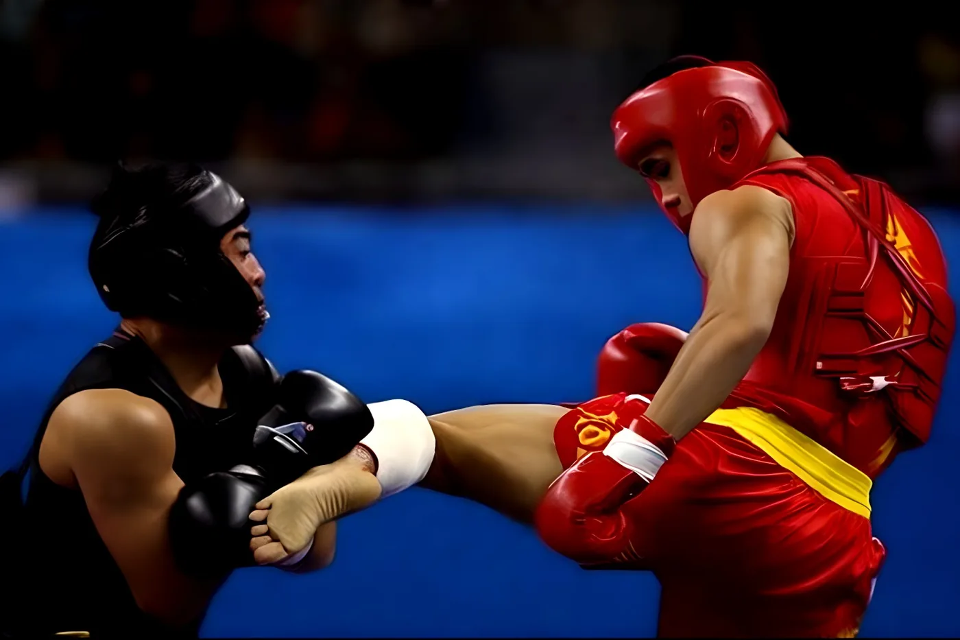 Modern Sanda martial arts tournament. Testing the skills of Kung Fu practitioners.