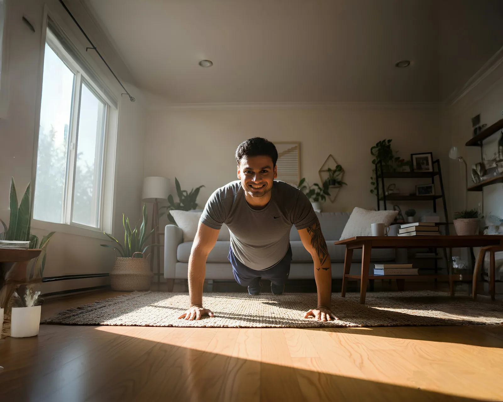A man doing push-ups in a sunlit living room.