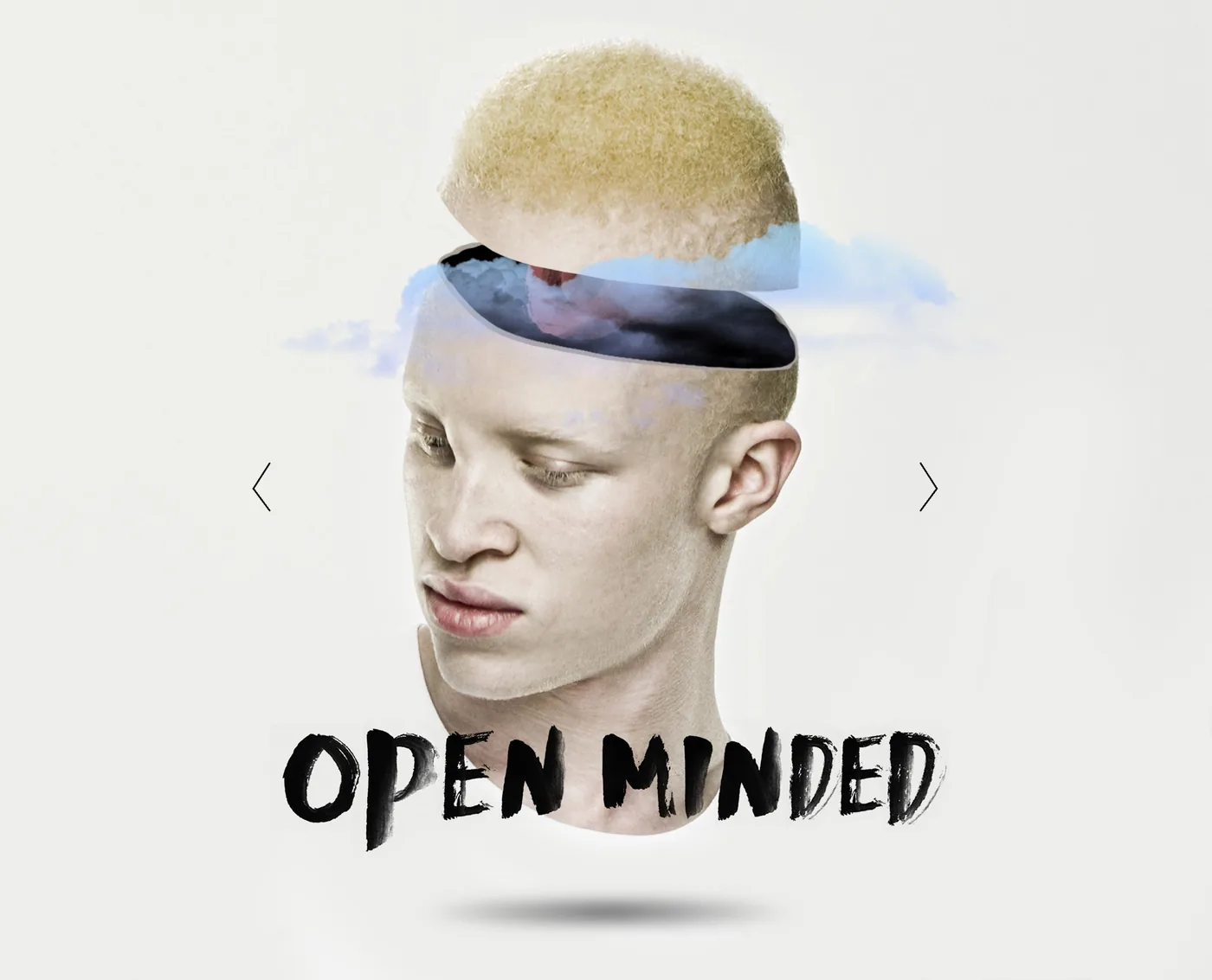 Surreal portrait of a young man with his head split open, clouds inside, and OPEN MINDED text below.
