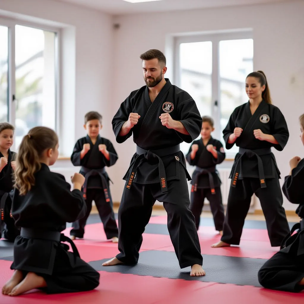 Karate instructor and children in black gis practice stances on pink mats in a bright studio.