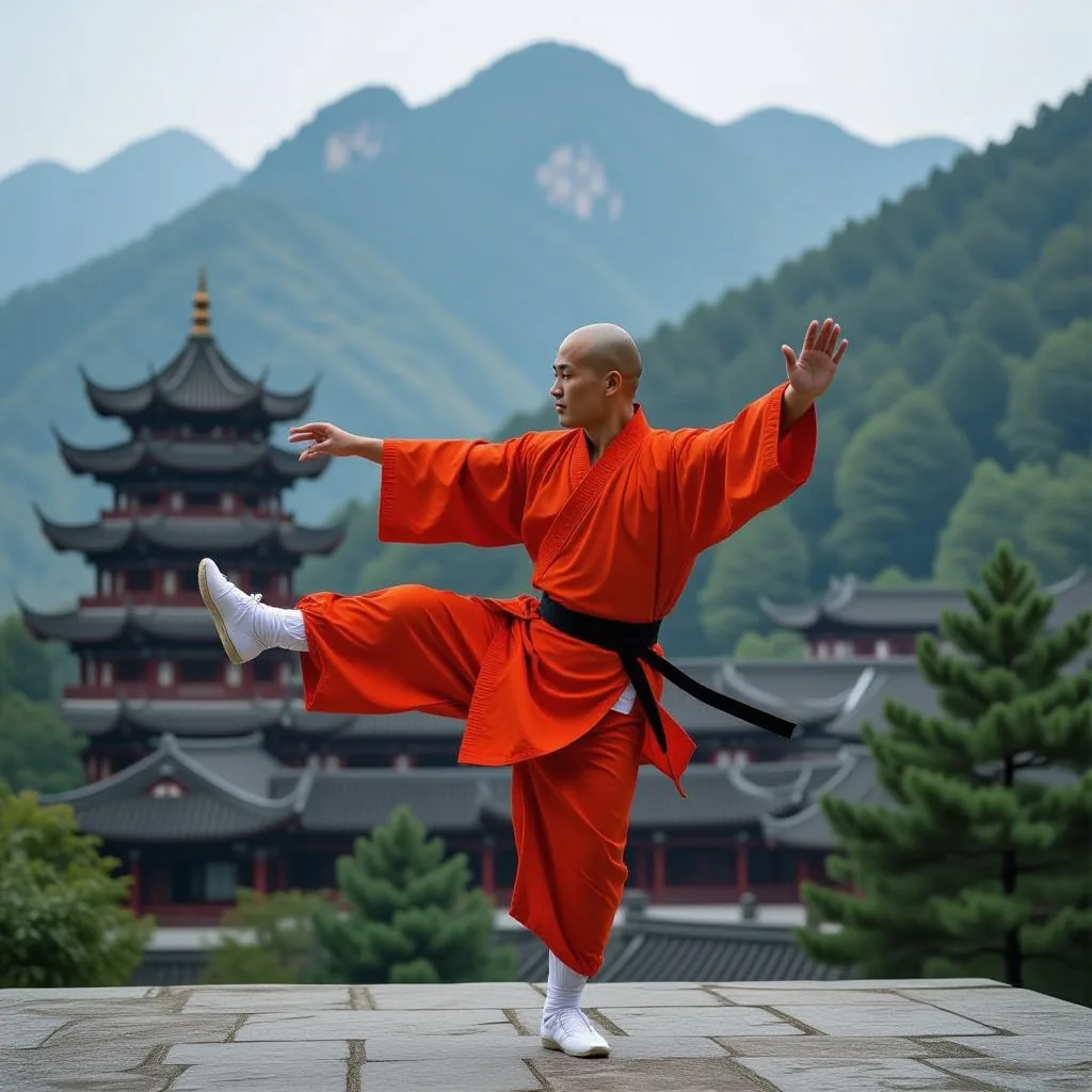 Shaolin monk showing poise and balance on one leg. The skills of Chinese Martial Arts.