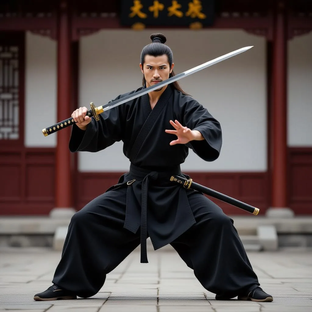 A master swordsman brandishes his blade