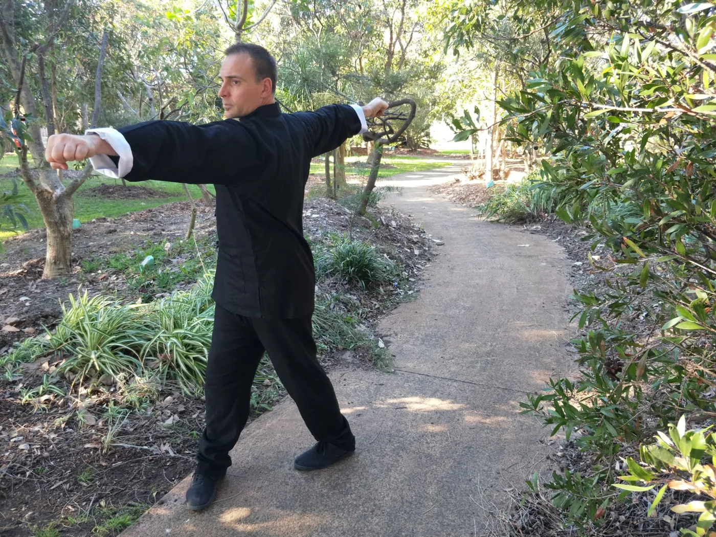 Man in black martial arts uniform holds a wide stance with outstretched arms on a sunlit park path surrounded by trees.