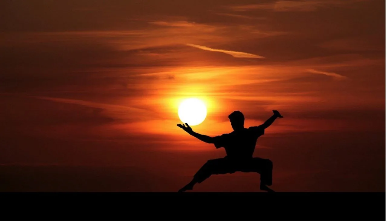 Silhouette of a person in a Kung Fu martial arts stance against a glowing orange sunset sky.