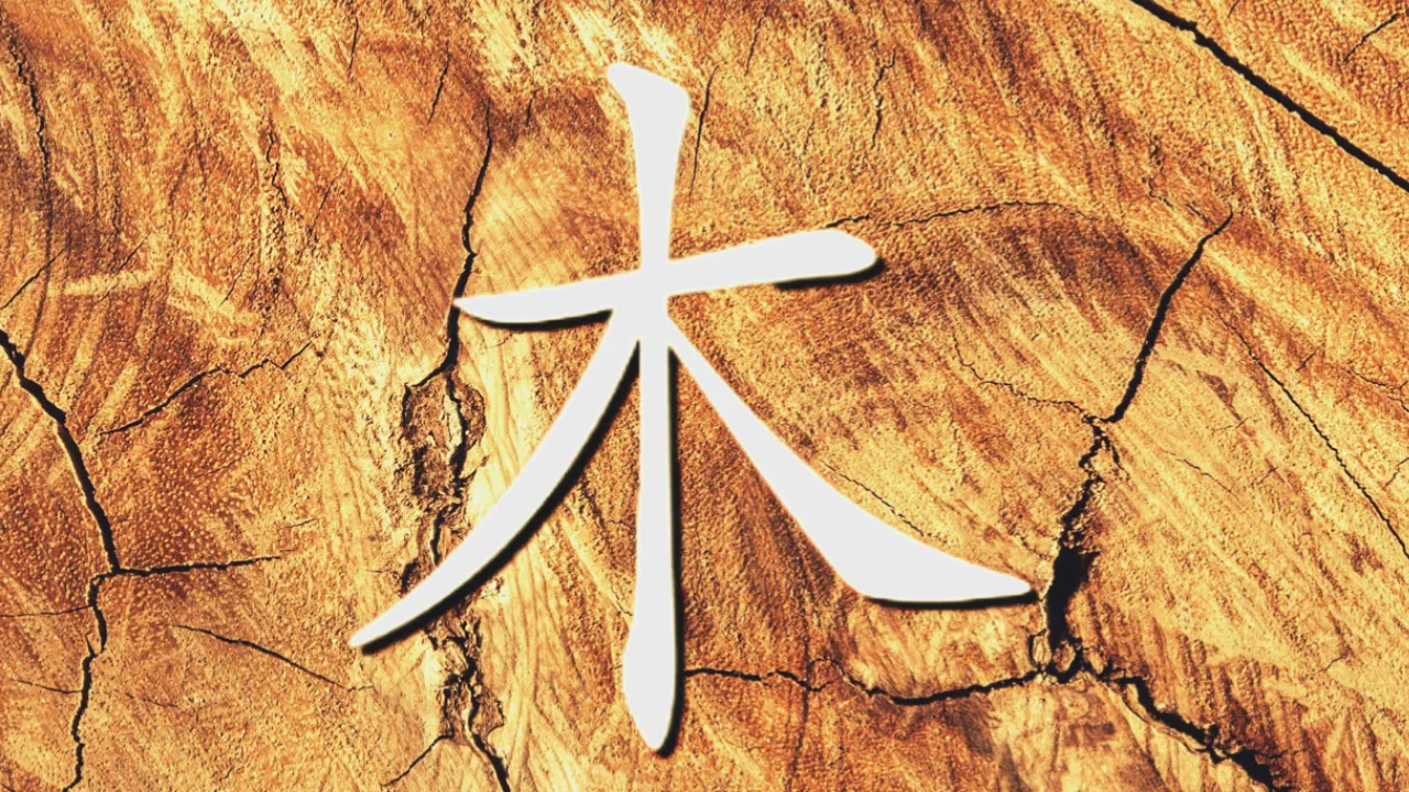 White Chinese character for the word 'Wood' 木 on a cracked golden wood background, with a warm earthy texture