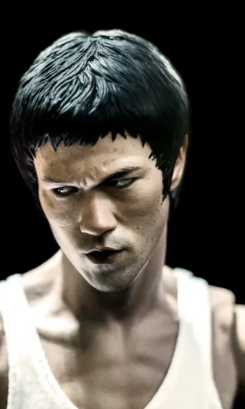 Stylized portrait of a serious young man in a white tank top, looking down against a black background.
