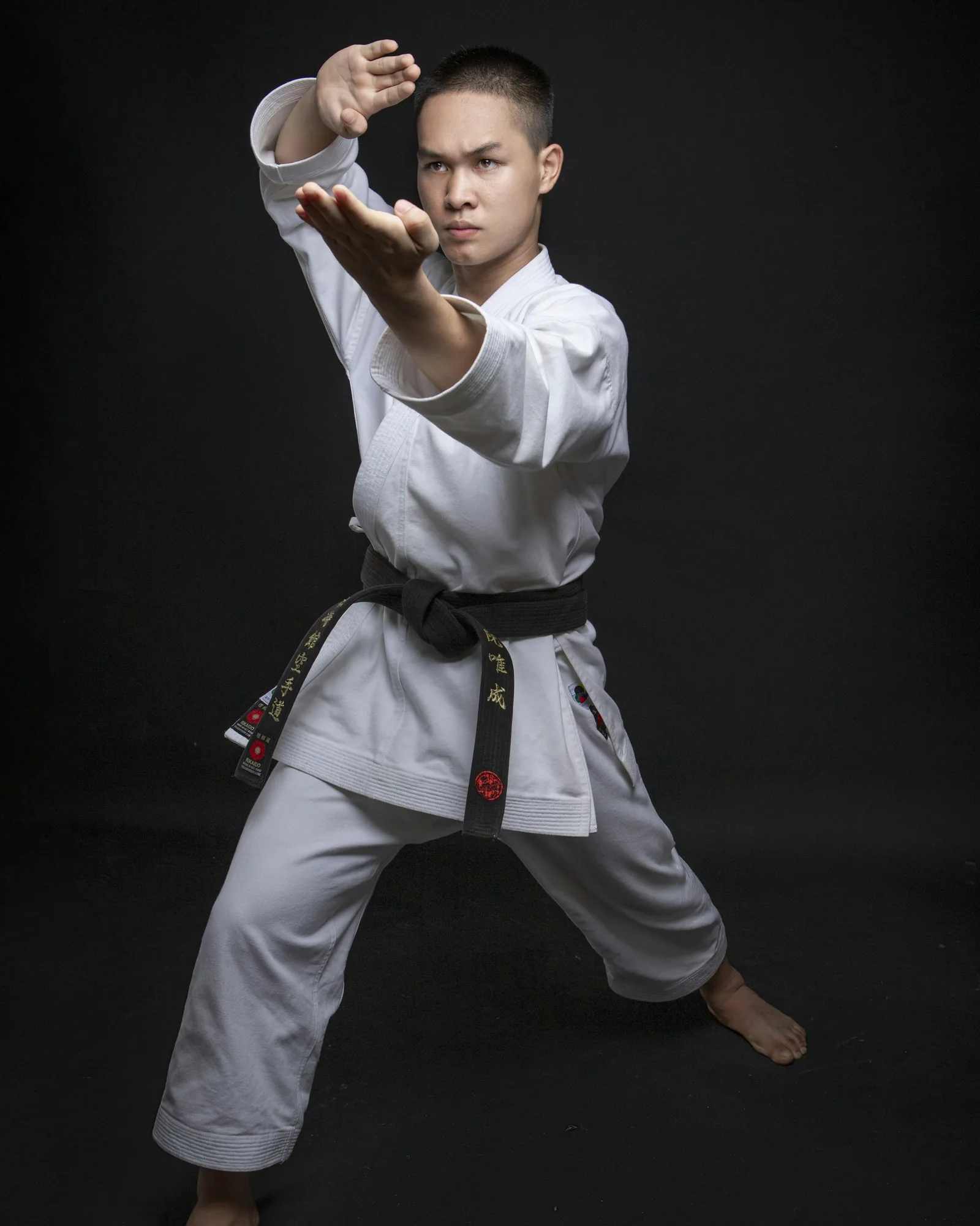A karateka in a white gi and black belt in a fighting stance.