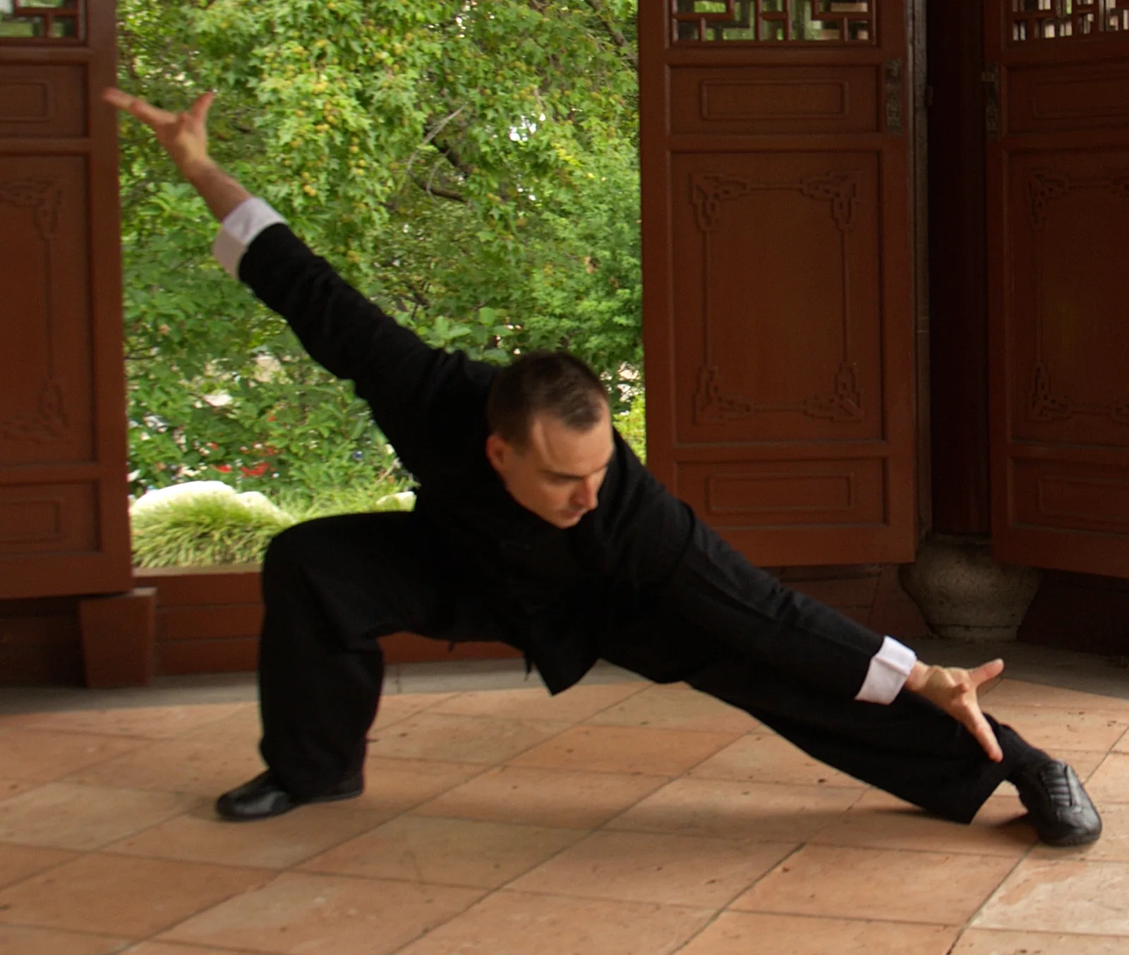 Baguazhang low palm: a deep, extended Chinese kung fu stance inside a pavilion.