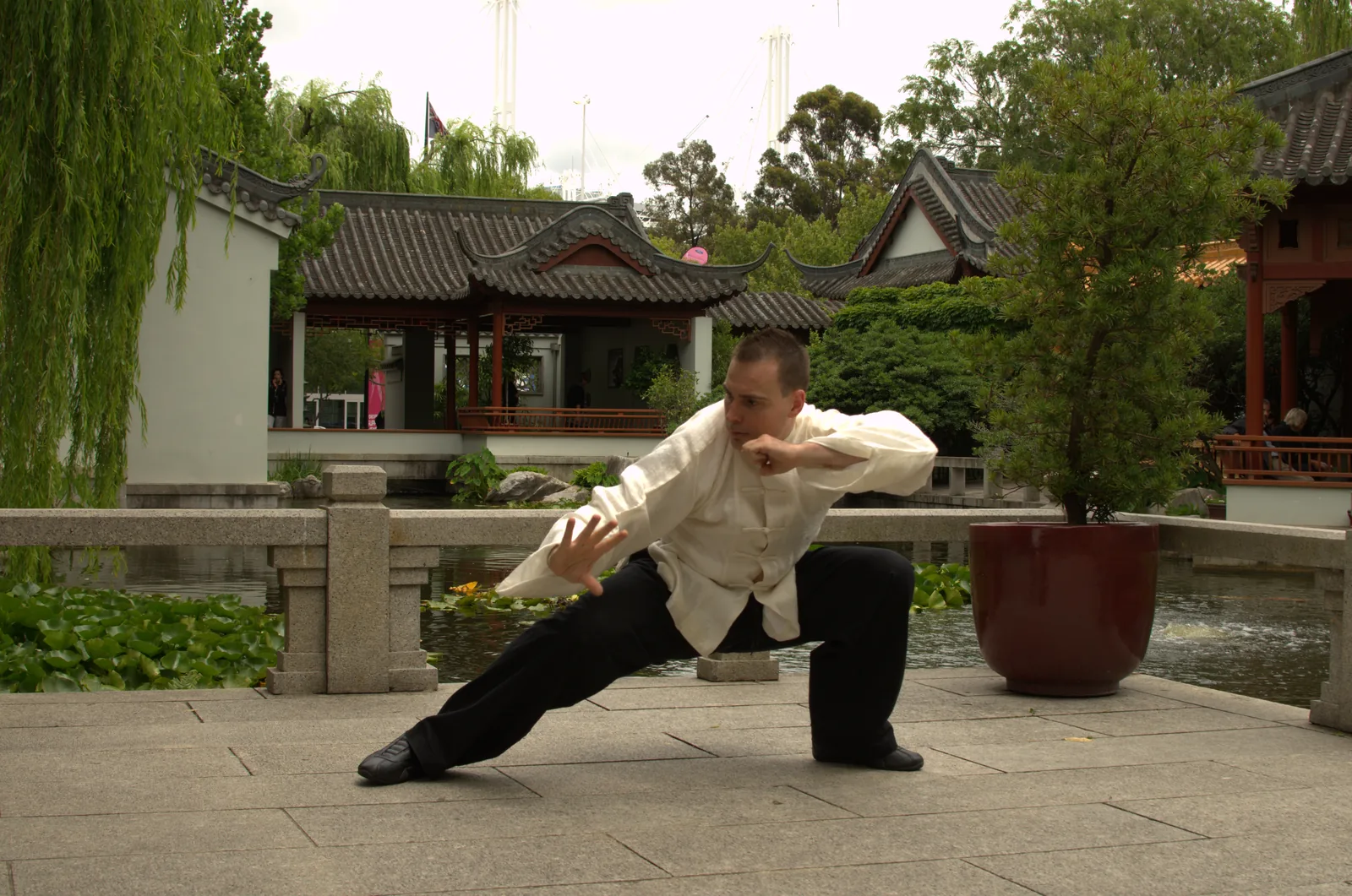 Tai Chi form in a Chinese garden with a pagoda roof behind.