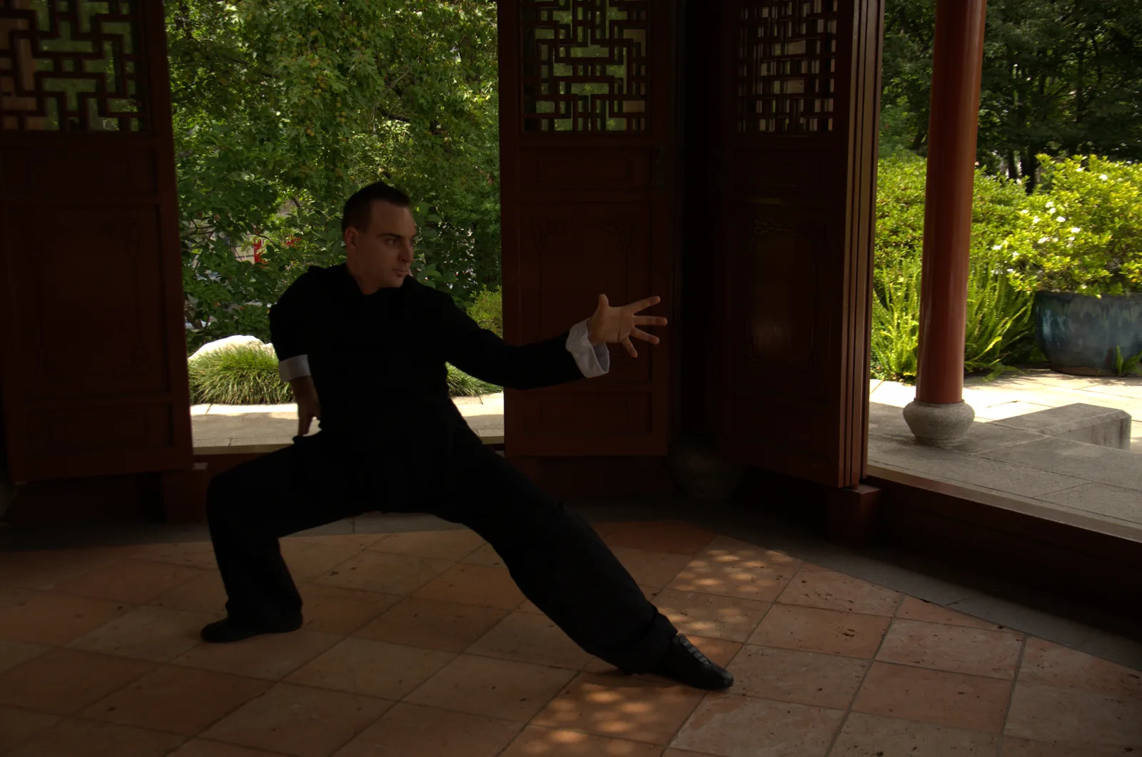 Baguazhang low stance in a Chinese garden pavilion.
