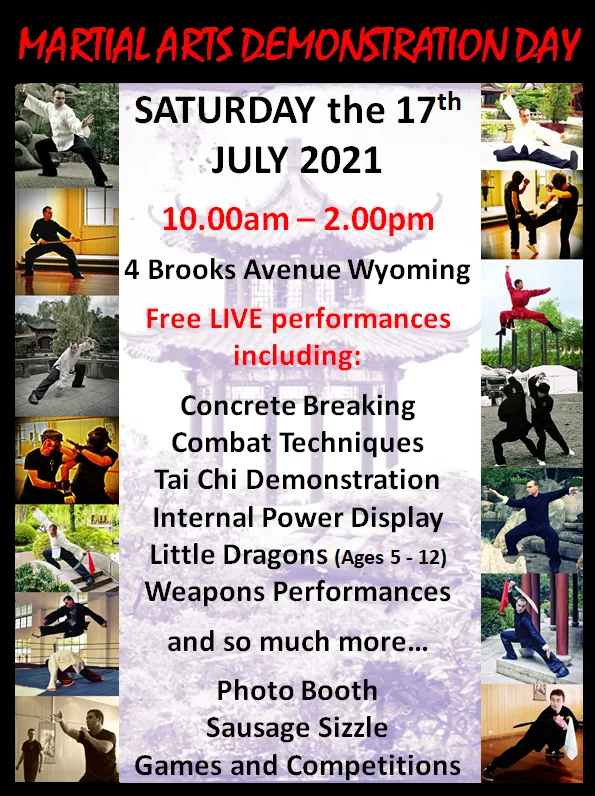 Martial arts demonstration day poster with action photos, Saturday 17 July 2021, 10am-2pm, 4 Brooks Avenue, Wyoming.