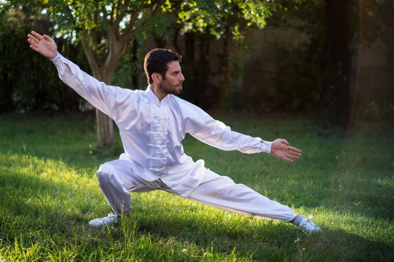 Man in white tai chi outfit holding a low lunge pose on grass in a sunlit park, with trees and a calm focused mood.