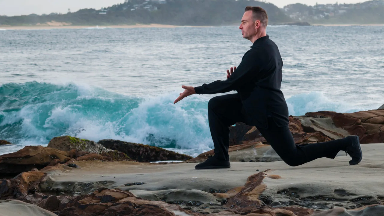 Meihuaquan (Plum Blossom Fist) stance on the rocks beside breaking waves.