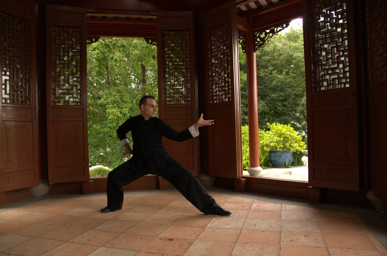 Baguazhang low stance inside a Chinese garden pavilion.