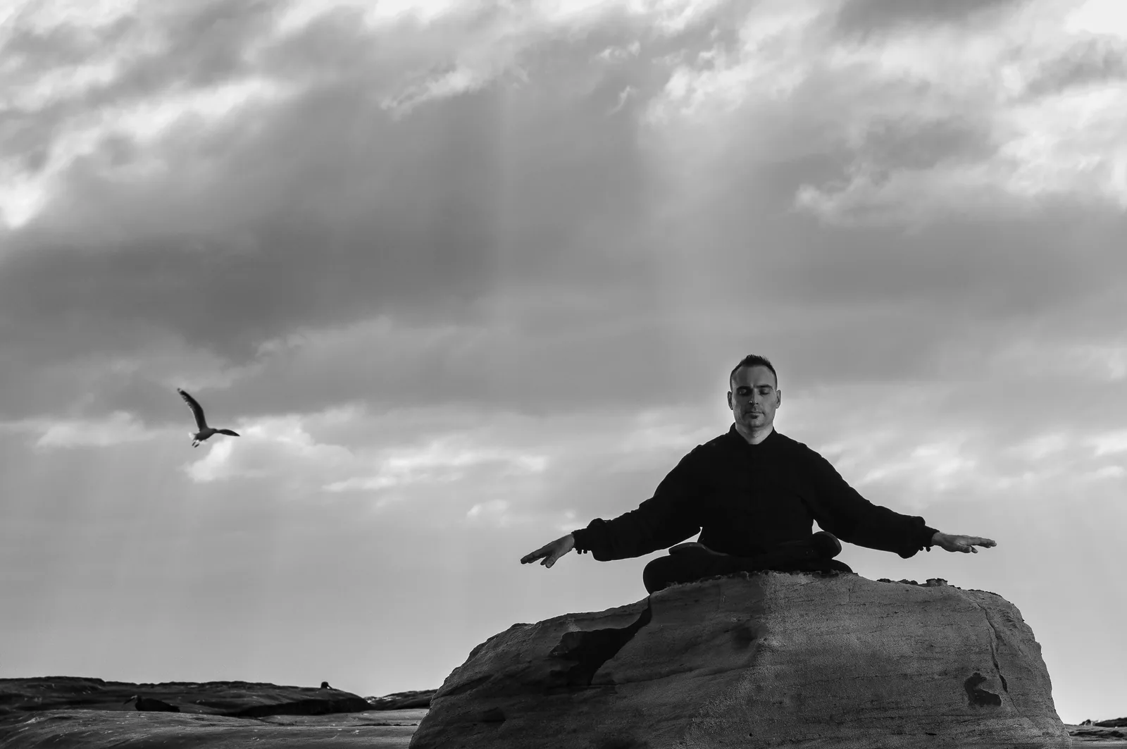 Seated meditation on a sea rock at Terrigal, in black and white, with a bird in flight.