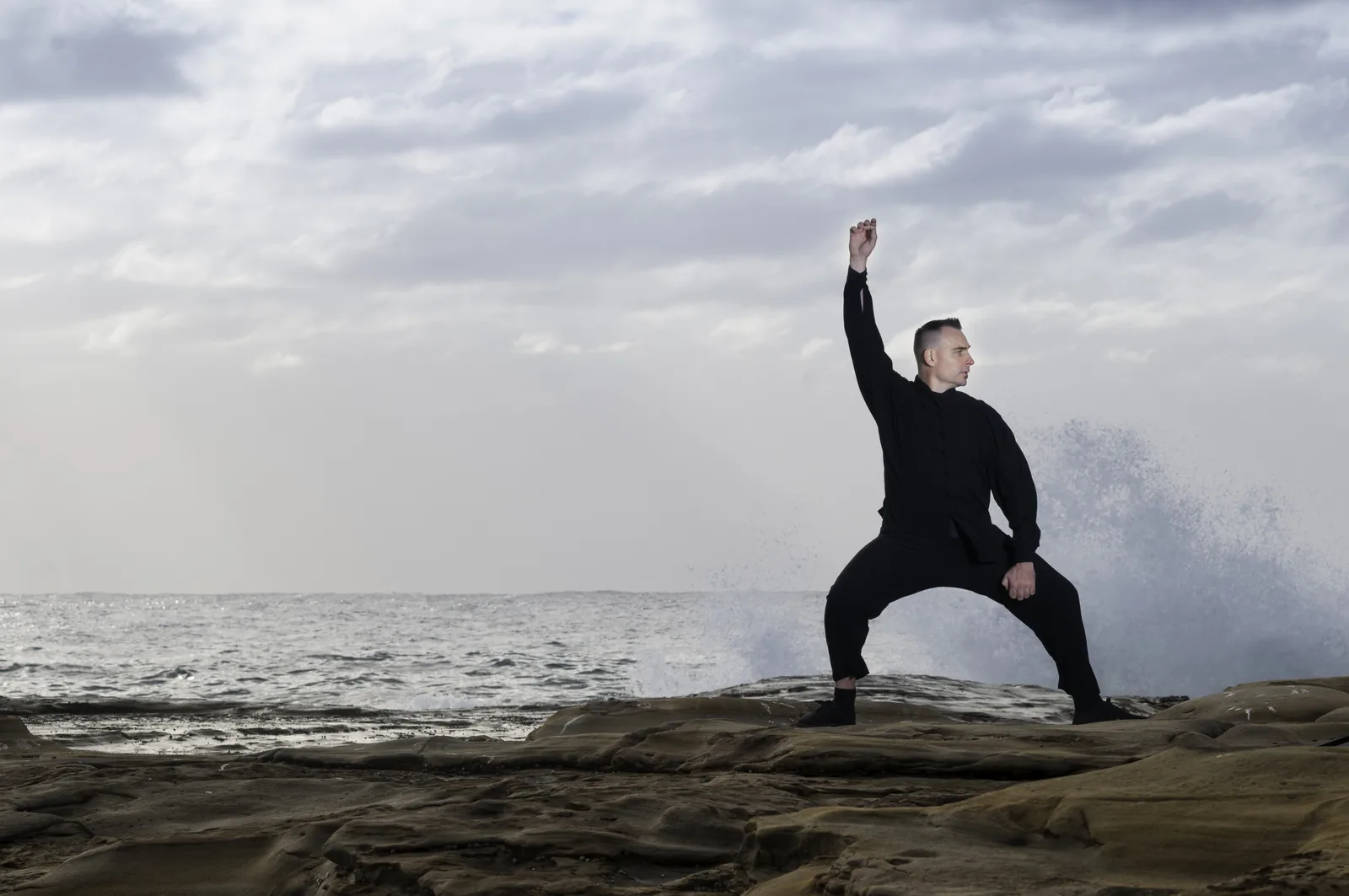 A martial artist stands with one arm raised as a wave breaks on the rocks behind.