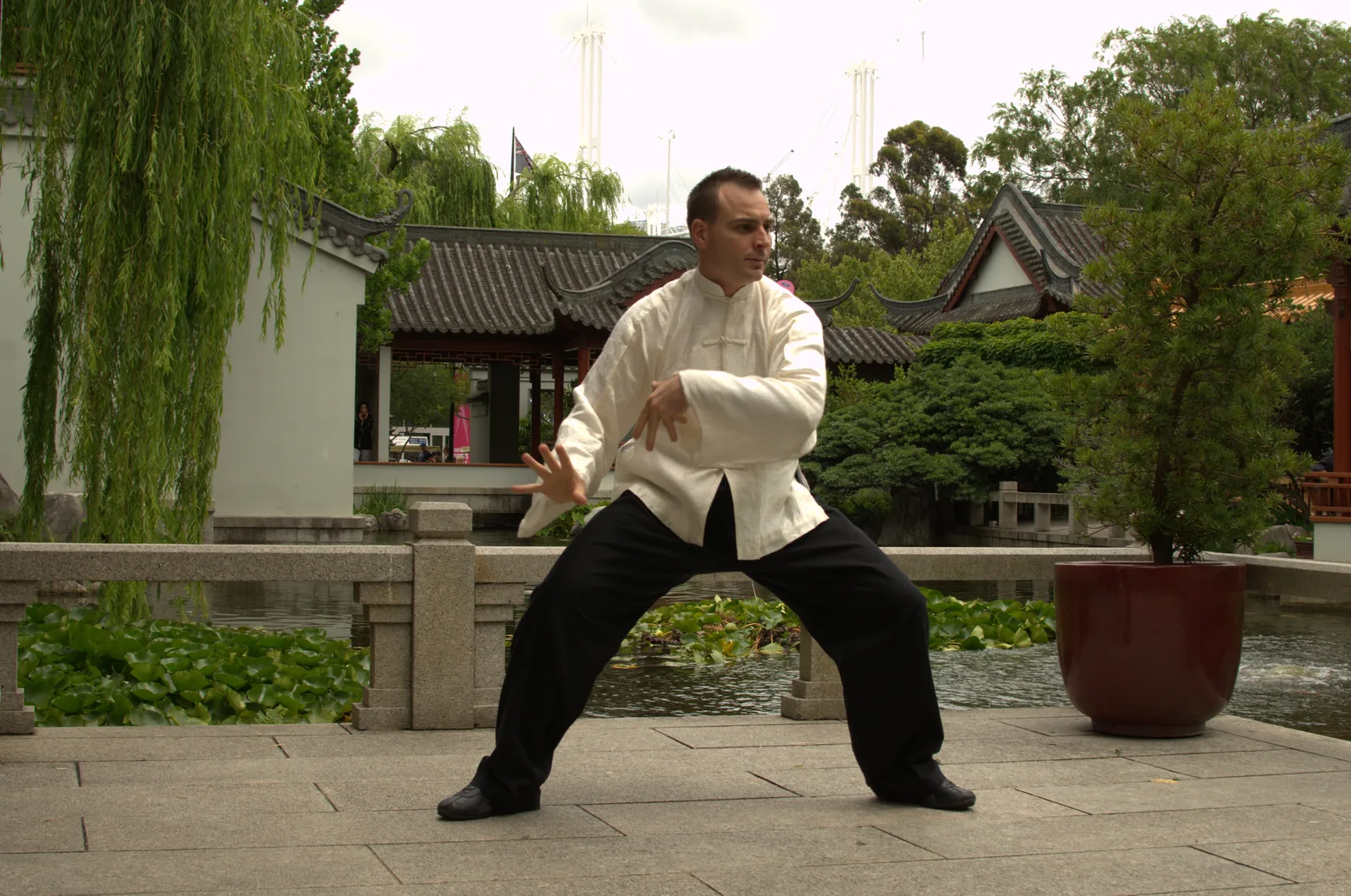 Tai Chi stance in a Chinese garden beside a pavilion.