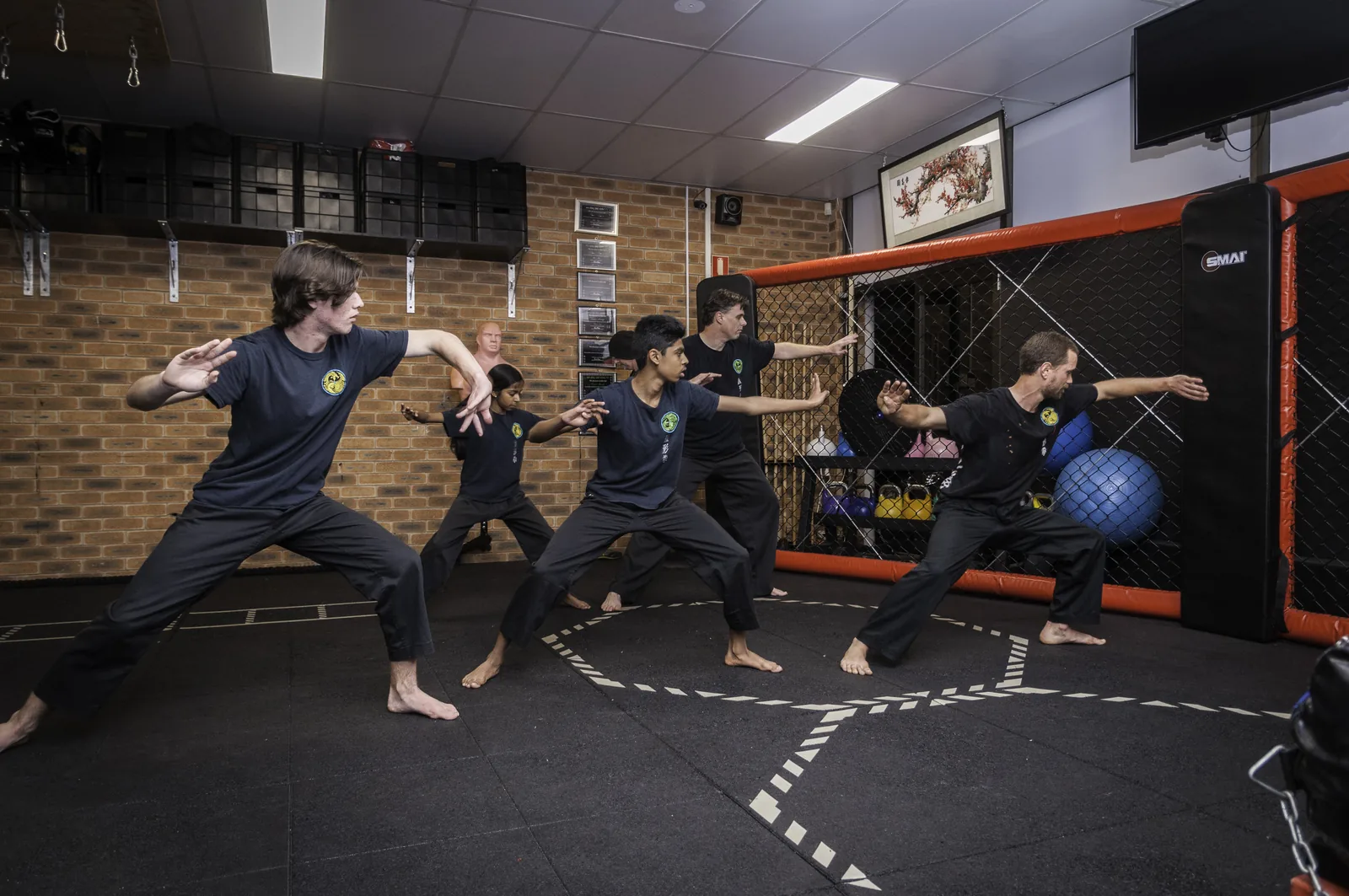 An adult class trains low stances together.
