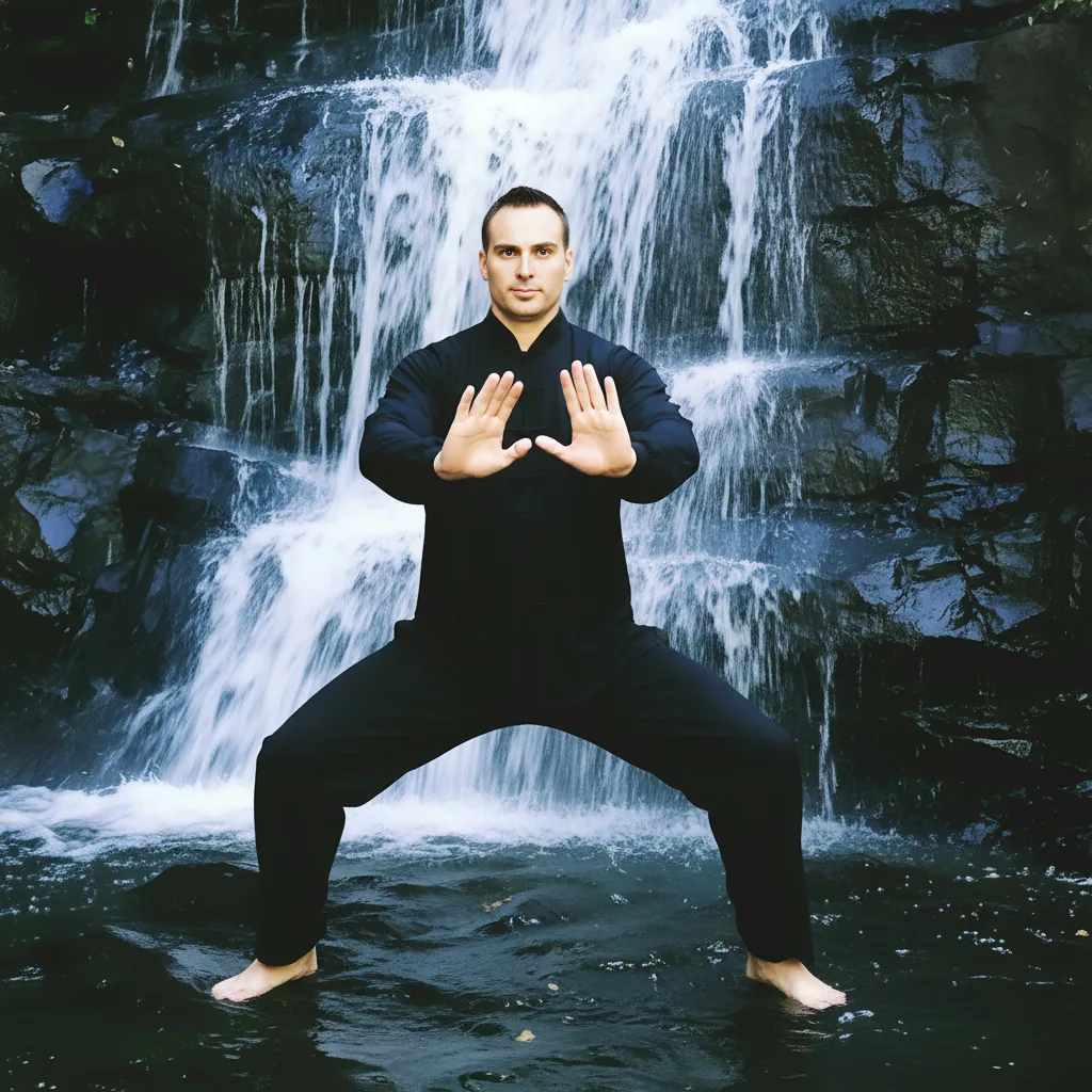 Qigong horse stance in front of a waterfall.