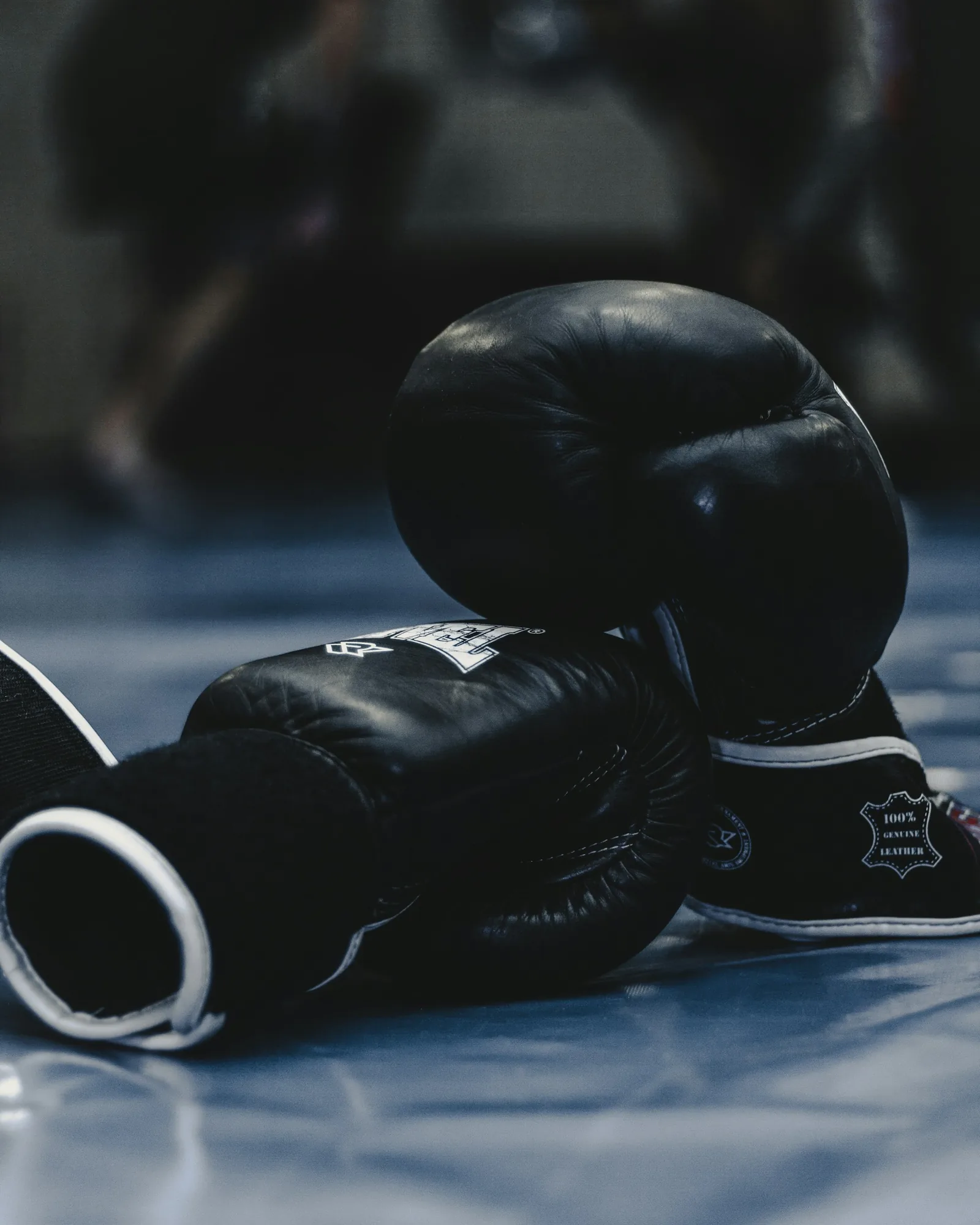 A pair of black boxing gloves resting on a training mat.